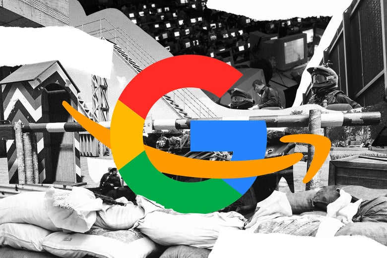 Google and Amazon logos intertwined at a photomontage of a barricade blocking access to computer terminals.